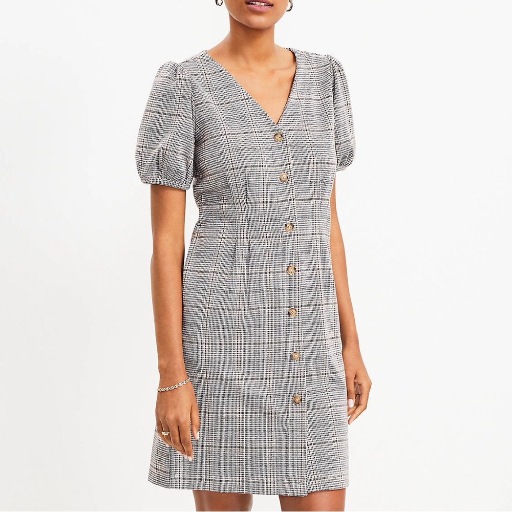 Loft Plaid Puff Sleeve Pocket Dress Sz 12P NWT